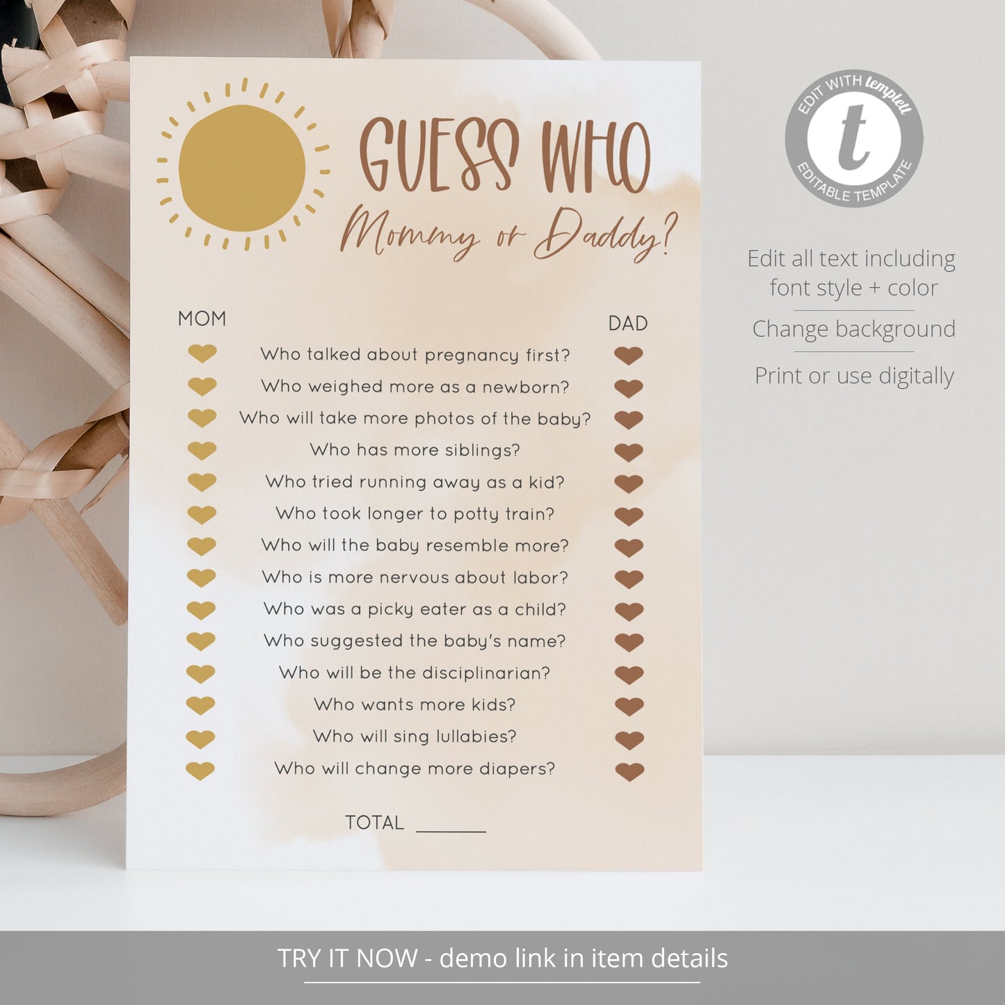 Editable Guess Who Mommy or Daddy Who Said It Baby Shower Games Boho Sunshine Baby Games Template