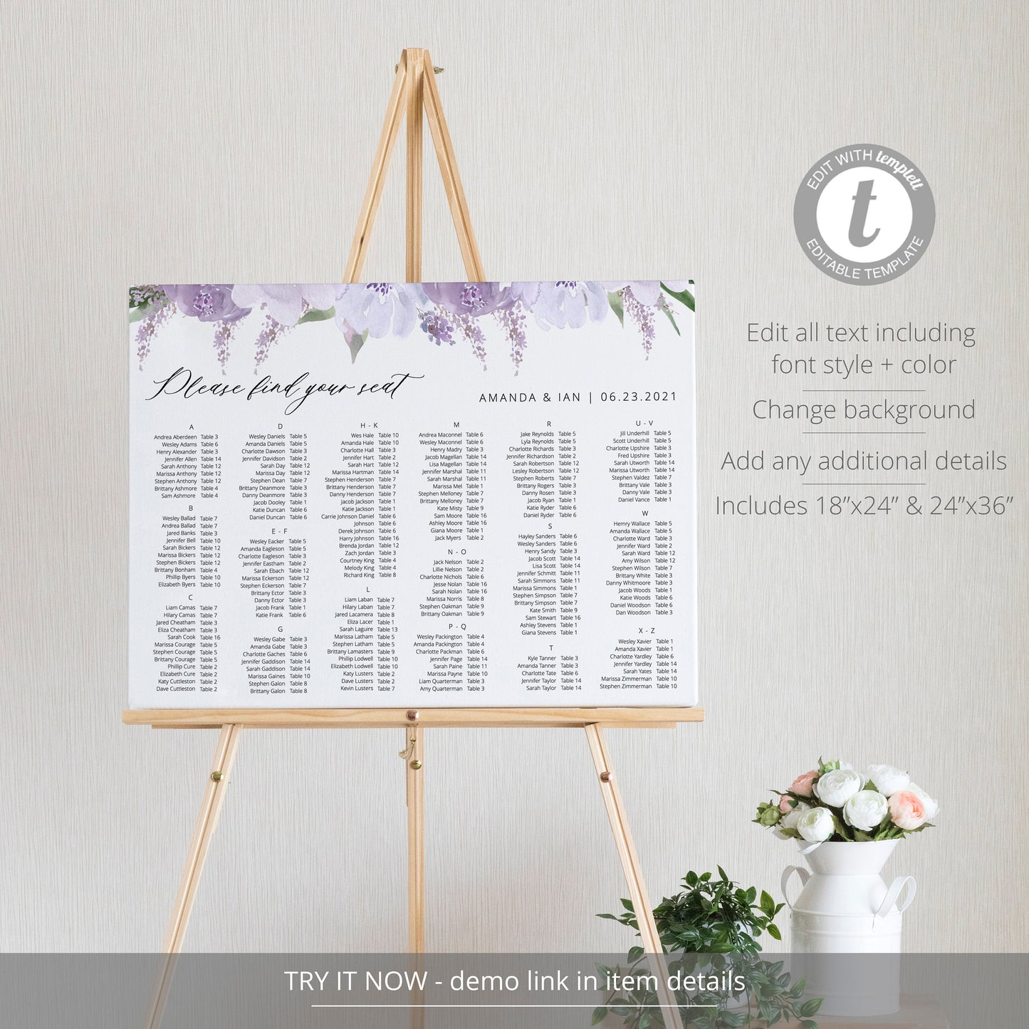 Editable Alphabetical Lavender Floral Seating Chart Horizontal Seating Chart Poster Template