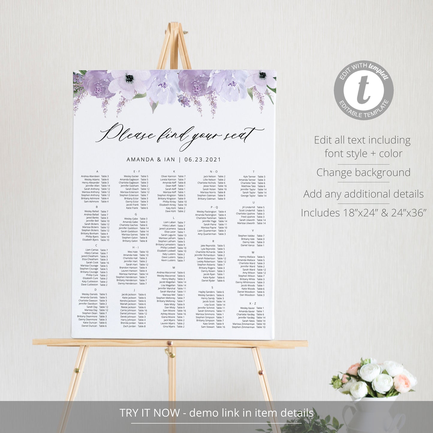 Editable Alphabetical Lavender Seating Chart Purple Floral Seating Chart Poster Template