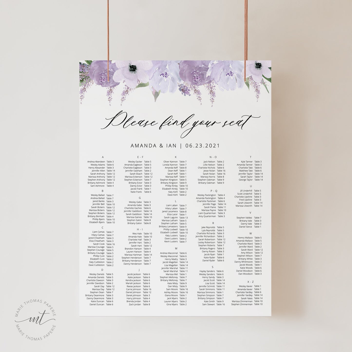 Editable Alphabetical Lavender Seating Chart Purple Floral Seating Chart Poster Template