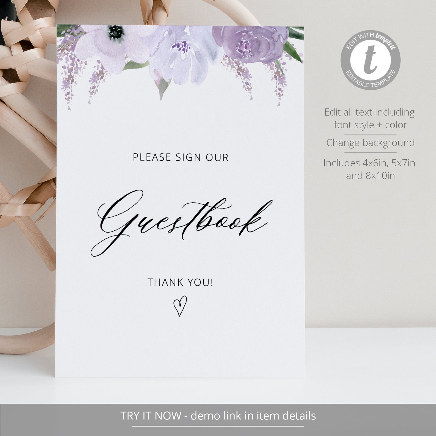 Editable Lavender Guestbook Sign Bridal Shower Sign Our Guestbook Purple Floral Wedding Sign Template