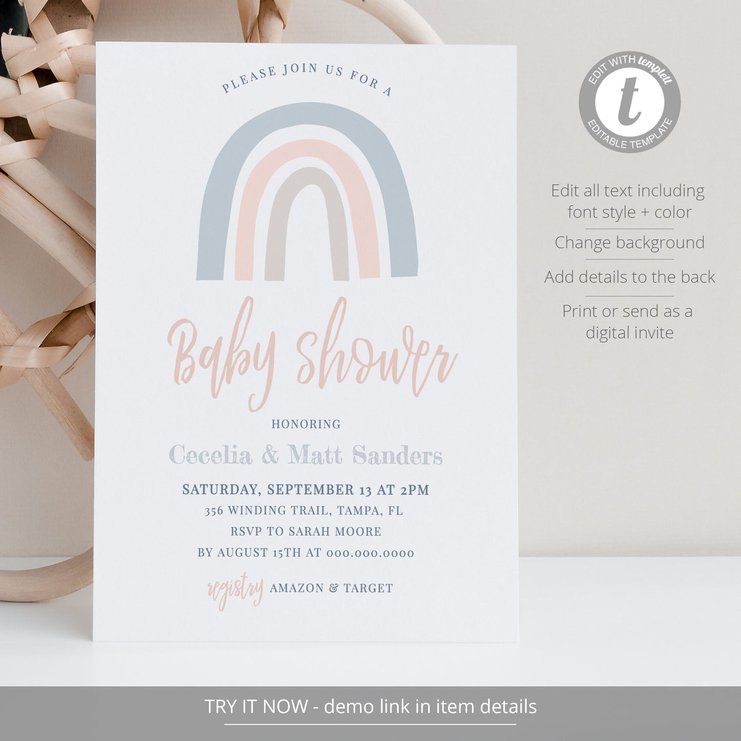 Editable Rainbow Baby Shower Invitation Gender Neutral Baby Shower Invite Set Boho Blue Rainbow  Template