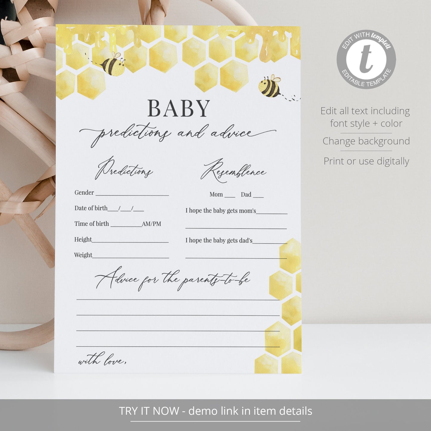 Editable Baby Predictions and Advice Honey Bee Baby Shower Games Honeycomb Baby Games Template