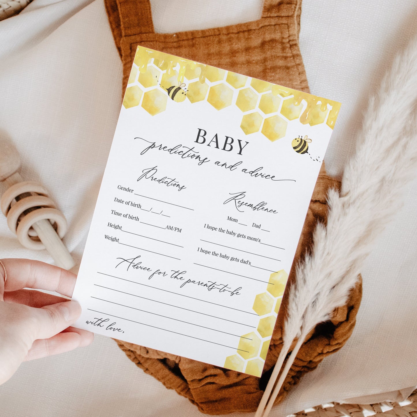 Editable Baby Predictions and Advice Honey Bee Baby Shower Games Honeycomb Baby Games Template