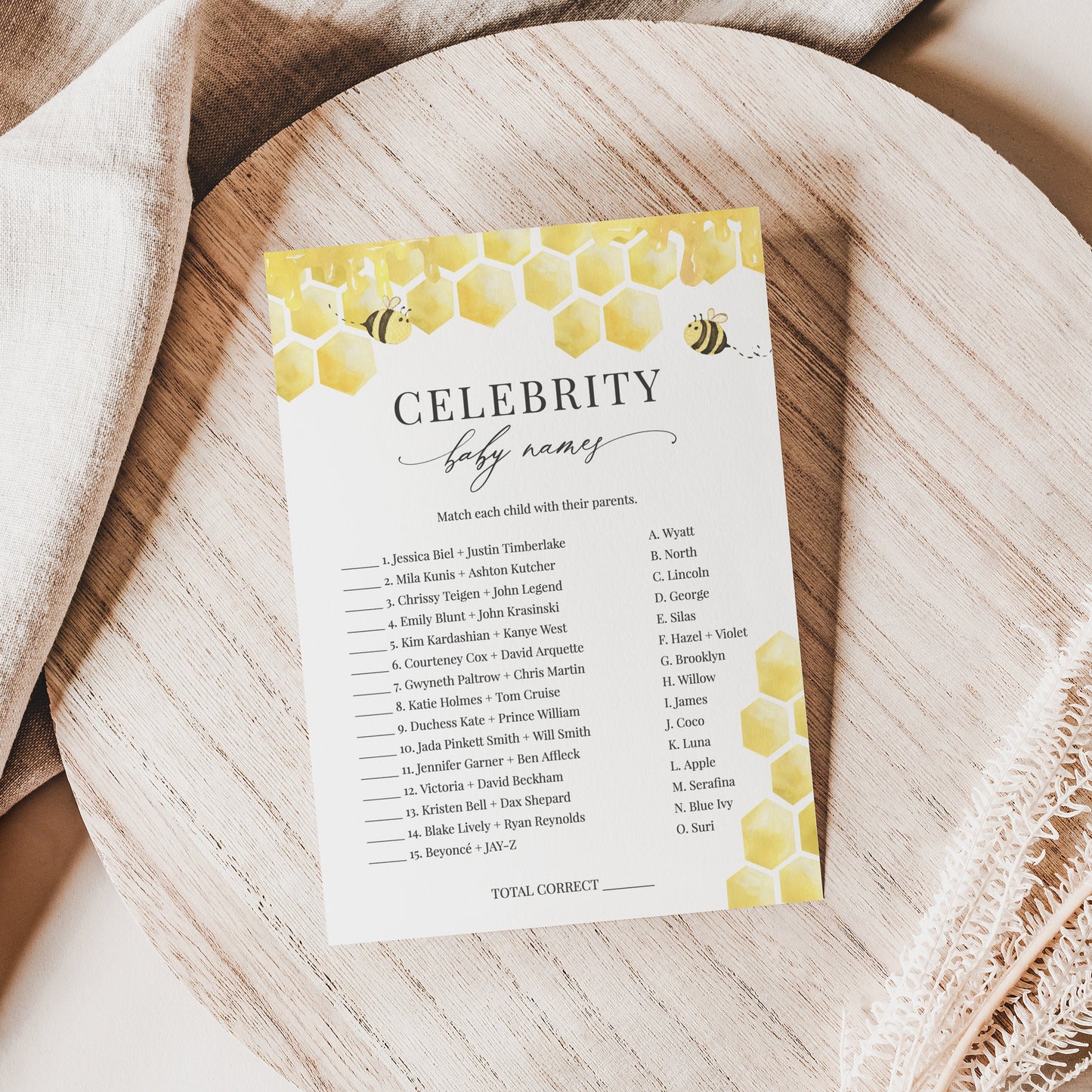 Editable Celebrity Baby Names Matching Honeycomb Baby Shower Games Honey Bee Baby Games Template