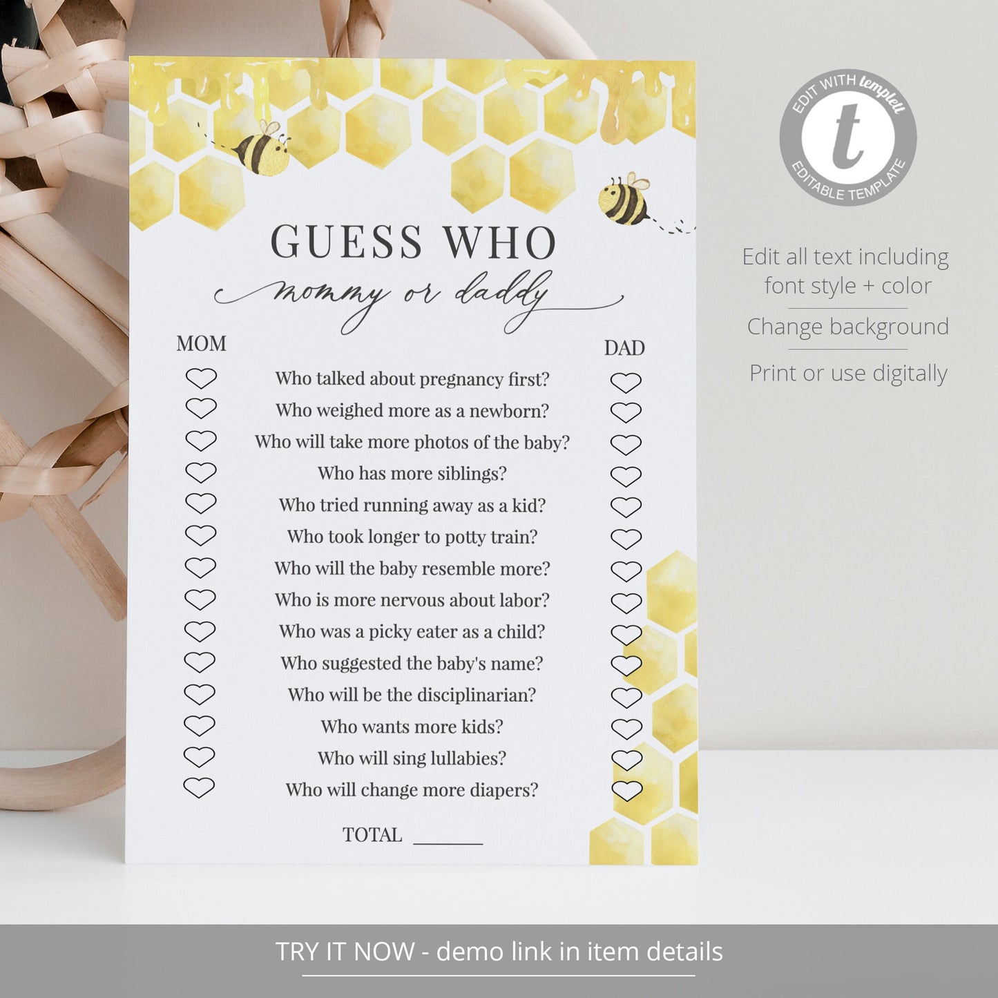 Editable Guess Who Mommy or Daddy Honeycomb Baby Shower Games Honey Bee Baby Games Template