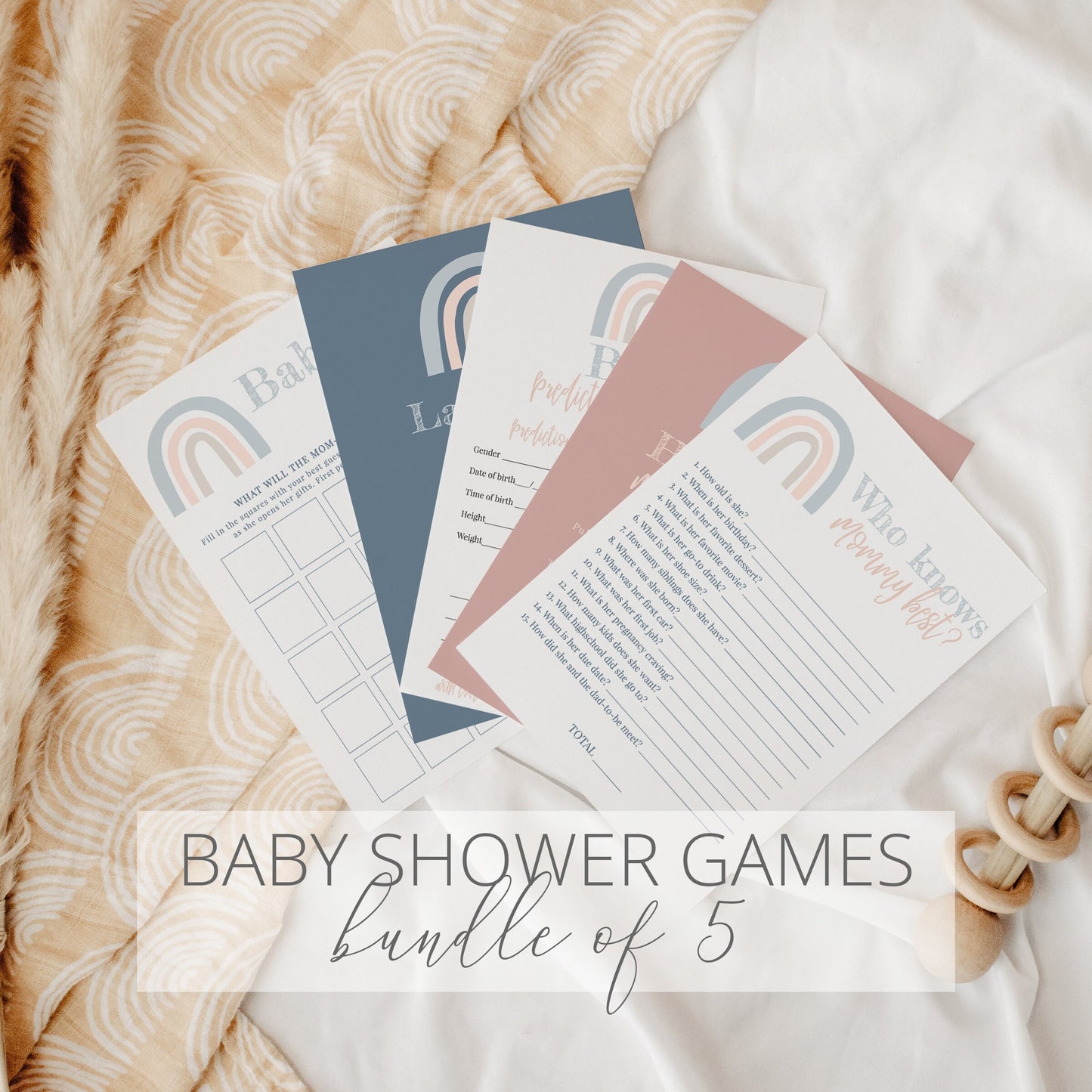 Editable Rainbow Baby Shower Games Bundle of 5 Boho Rainbow Games Blue Pink Shower Games Bundle  Template