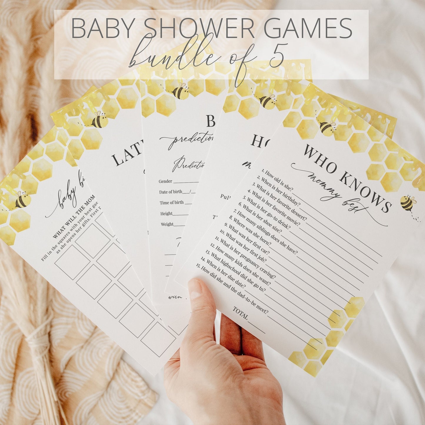 Editable Honey Bee Baby Shower Games Bundle of 5 Honeycomb Games Gender Neutral Shower Games Bundle Template