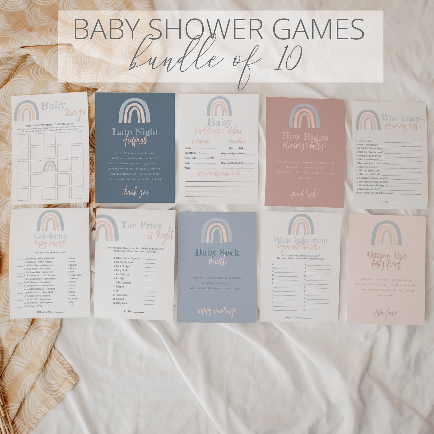 Editable Rainbow Baby Shower Games Bundle of 10 Boho Pink and Blue Baby Girl Shower Games Bundle  Template