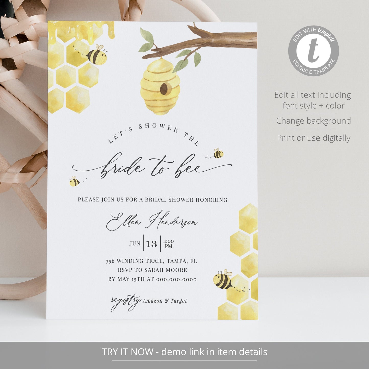 Editable Honey Bee Bridal Shower Invitation Bride to Bee Shower Invite Honeycomb Shower Invitation Template