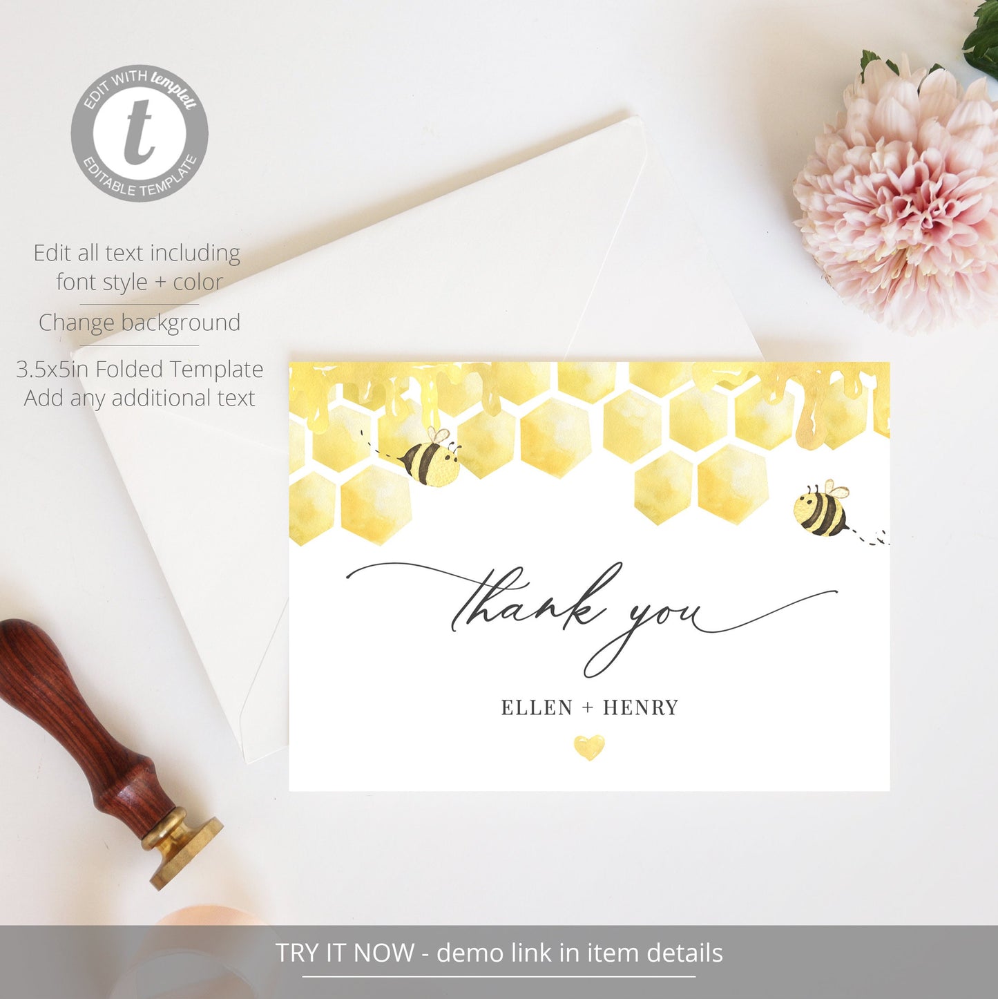 Editable Honey Bee Baby Shower Thank You Cards Honeycomb Cards Personalized Thank You Cards Template