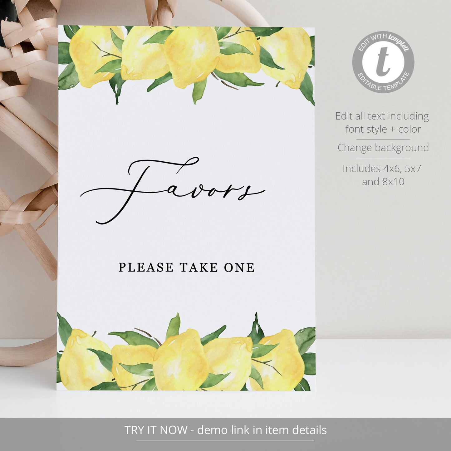 Editable Favor Sign Lemon Citrus Bridal Shower Favor Sign Wedding Please Take a Favor Sign Template