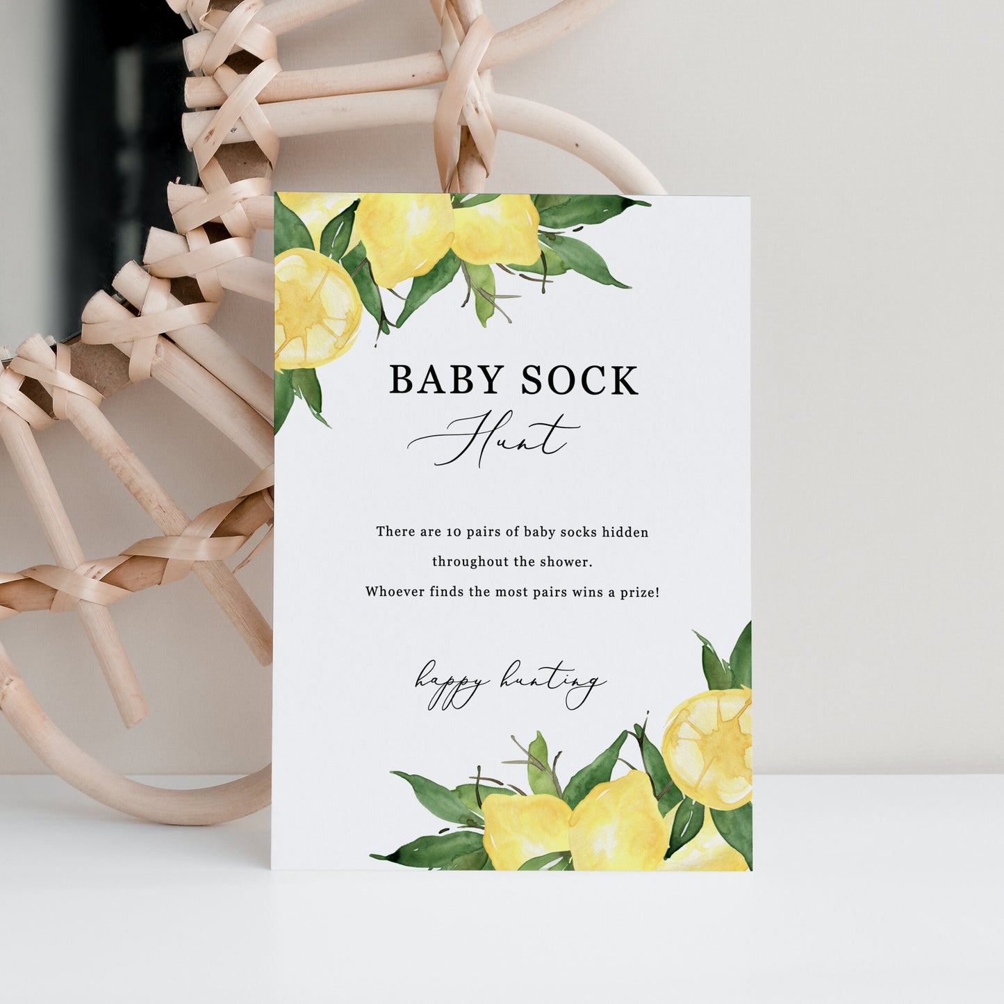 Editable Baby Sock Hunt Game Sign Baby Shower Games Lemon Citrus 5x7 and 8x10 Template