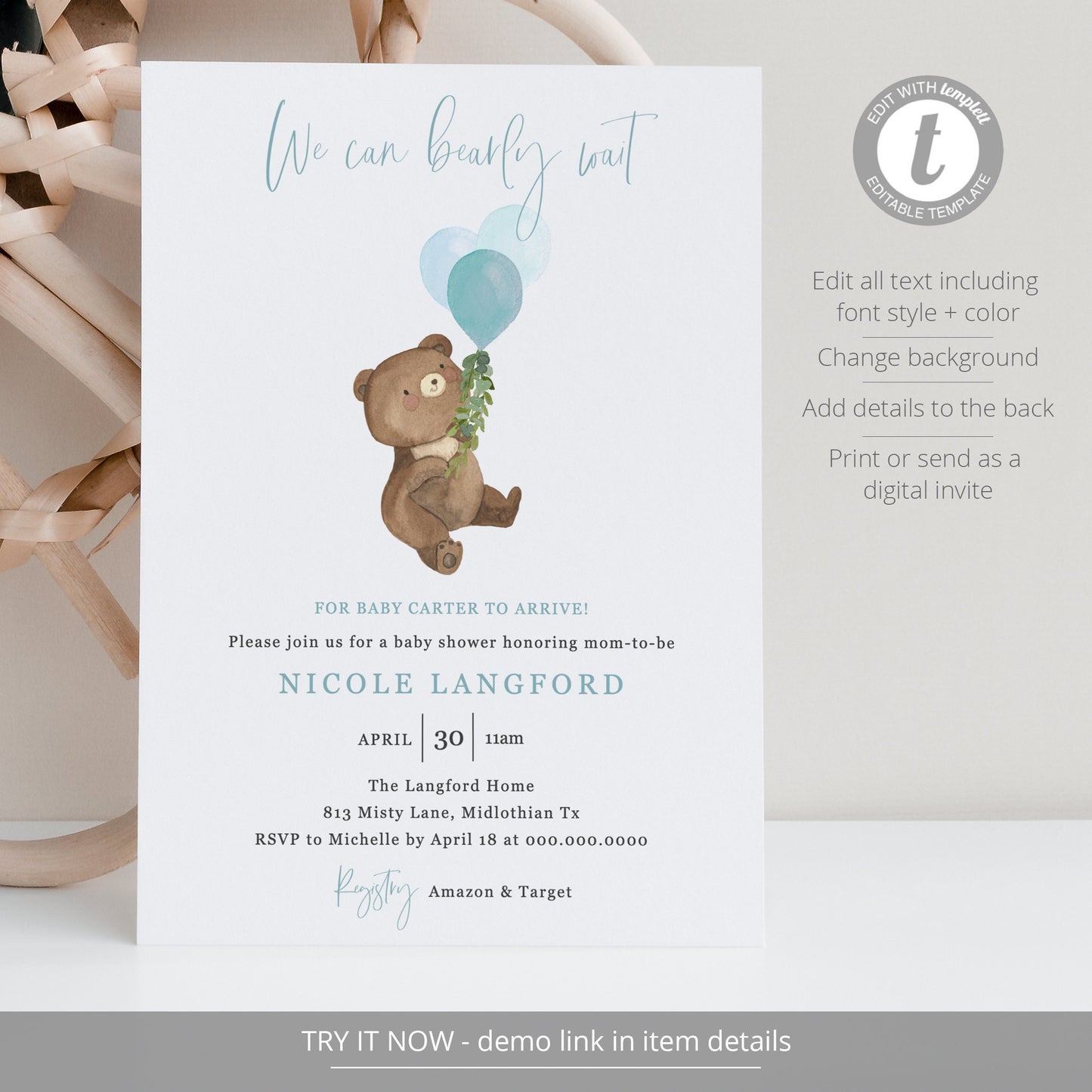 Editable We Can Bearly Wait Baby Shower Invitation Teddy Bear Balloons Boy Baby Shower Invite Template