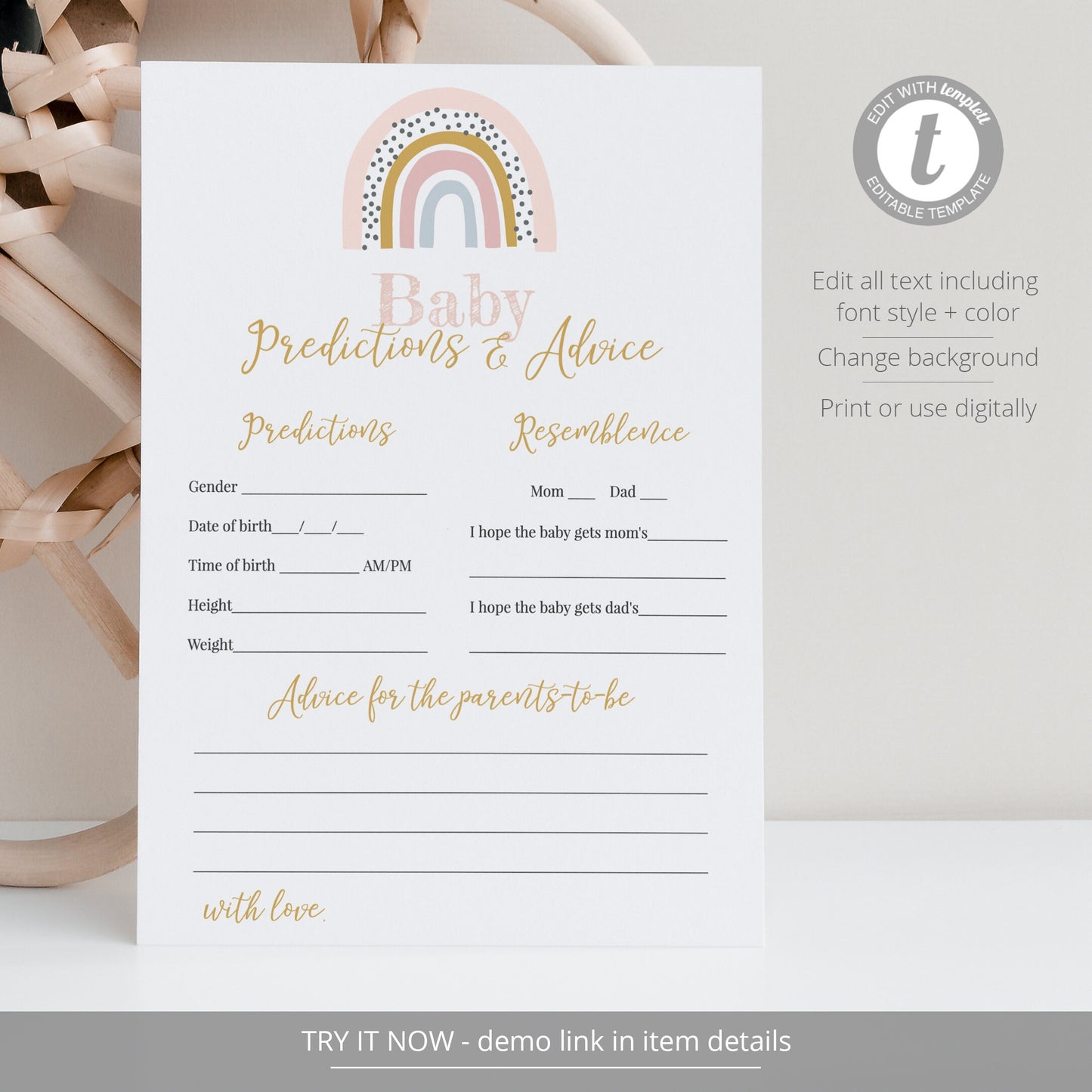 Editable Baby Predictions and Advice Cards Rainbow Baby Shower Games Boho Baby Shower Games Template