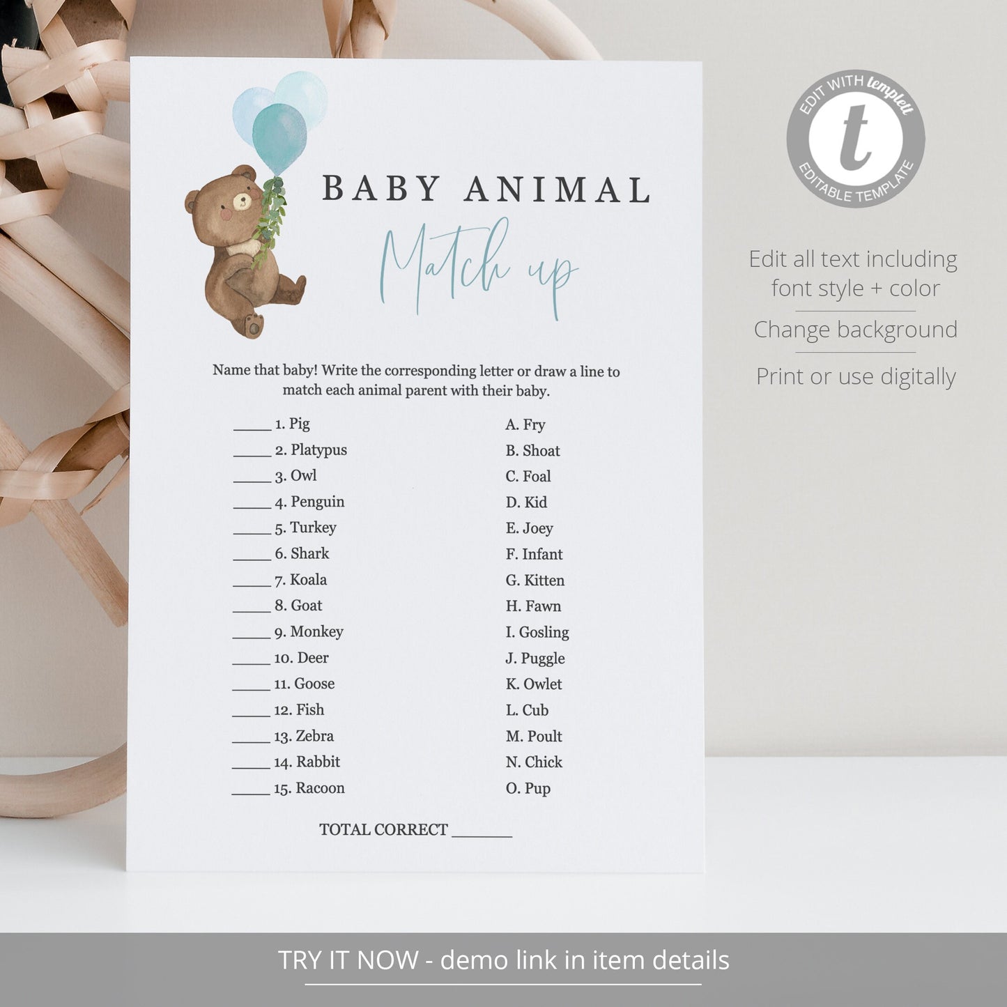 Editable Baby Animal Matching Game Teddy Bear Baby Shower Games Bear Balloons Baby Games Template