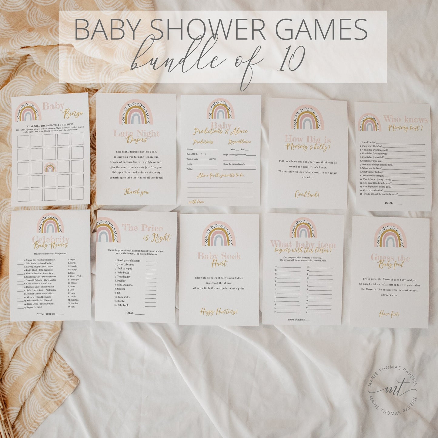 Editable Rainbow Baby Shower Games Bundle of 10 Boho Blush Pink Baby Girl Shower Games Bundle Template