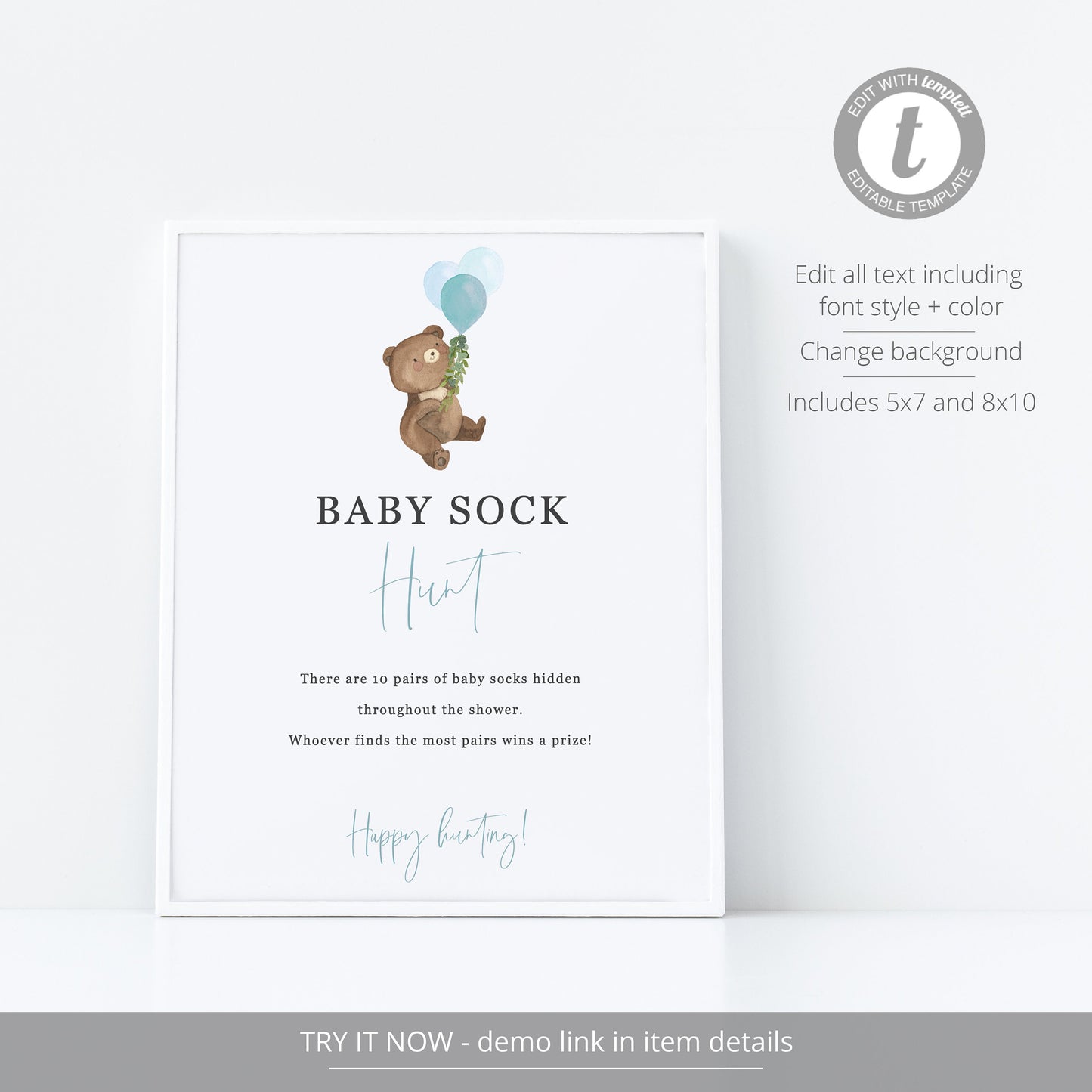 Editable Baby Sock Hunt Game Sign Teddy Bear Baby Shower Games Bear Balloons Template