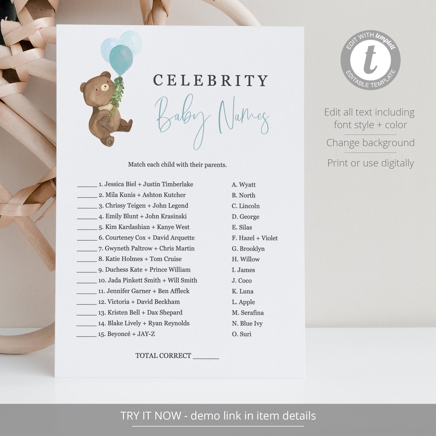 Editable Celebrity Baby Names Matching Game Teddy Bear Baby Shower Games Bear Balloons Template