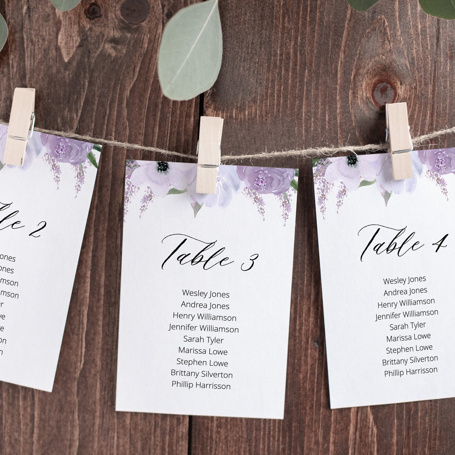 Editable Lavender Floral Seating Chart Cards Purple Seating Plan Table Numbers Template