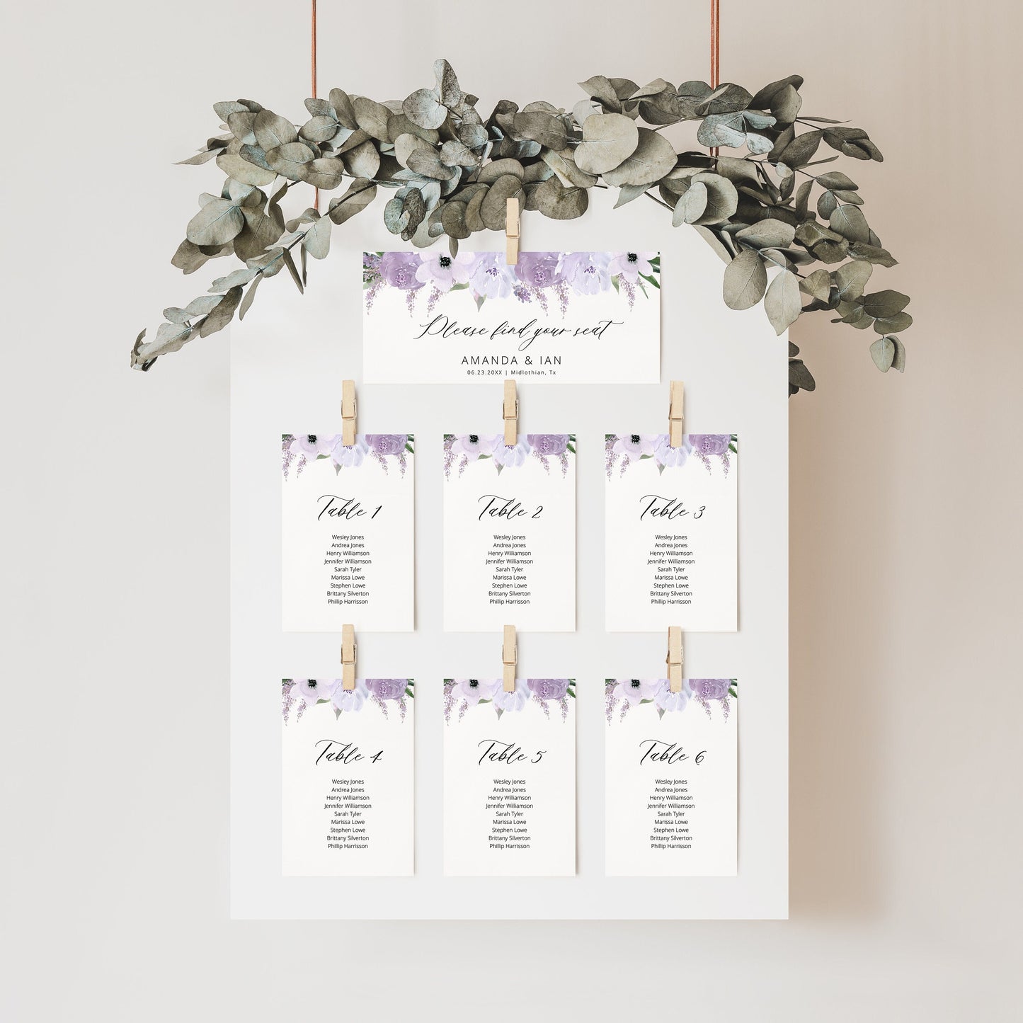 Editable Lavender Floral Seating Chart Cards Purple Seating Plan Table Numbers Template