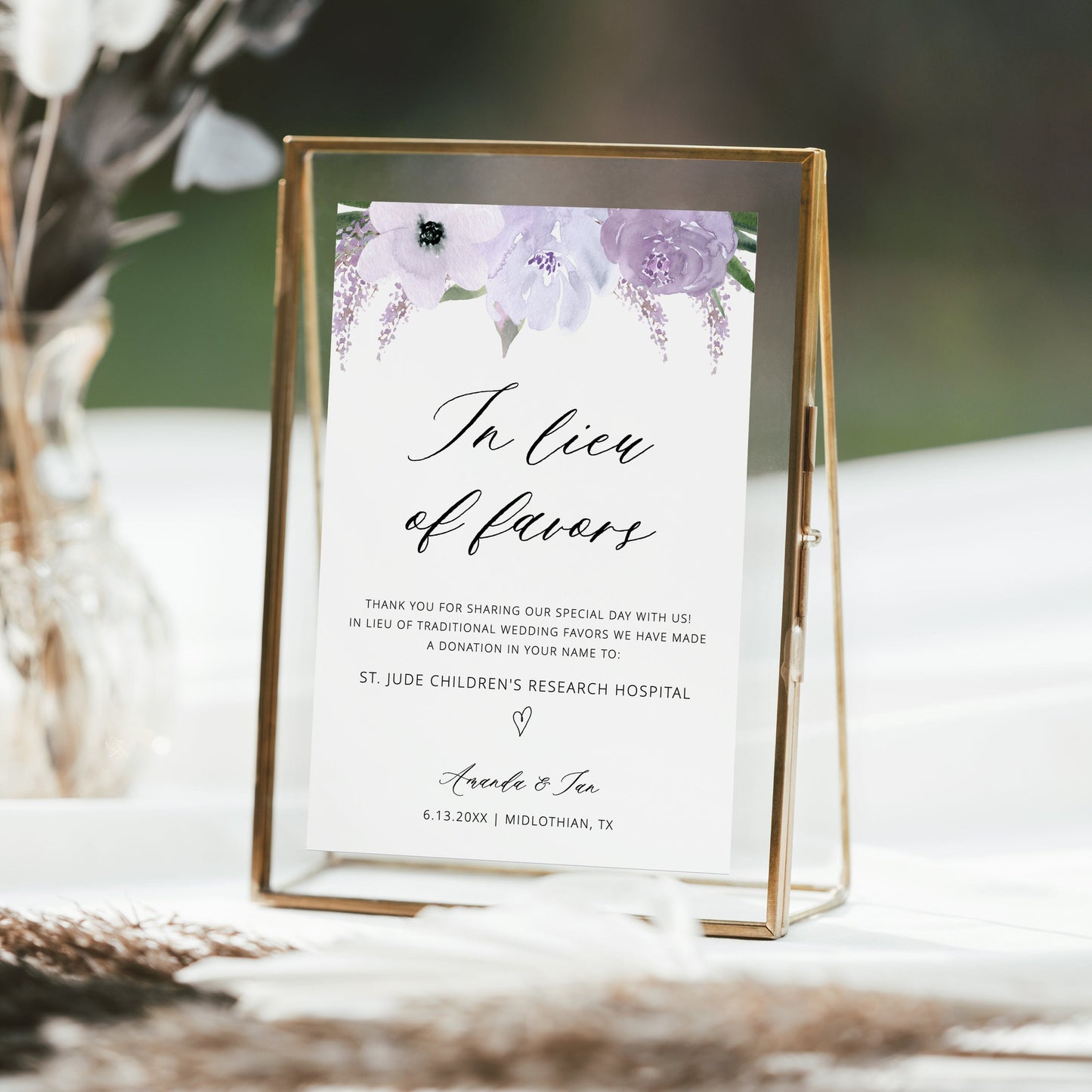 Editable In Lieu of Favors Sign Lavender Donation Sign Purple Floral Wedding Sign Template