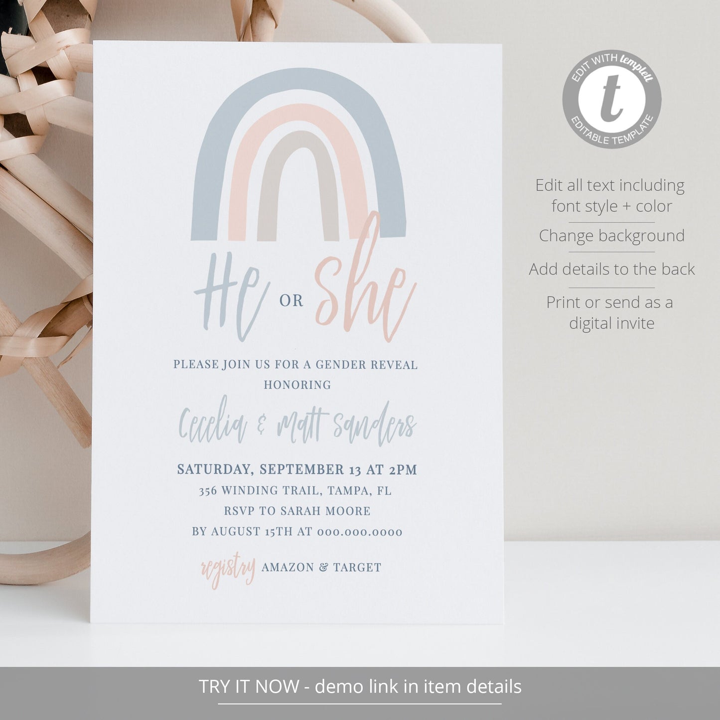 Editable Rainbow He or She Gender Reveal Invitation Blue and Pink Boho Rainbow Gender Reveal Invite  Template