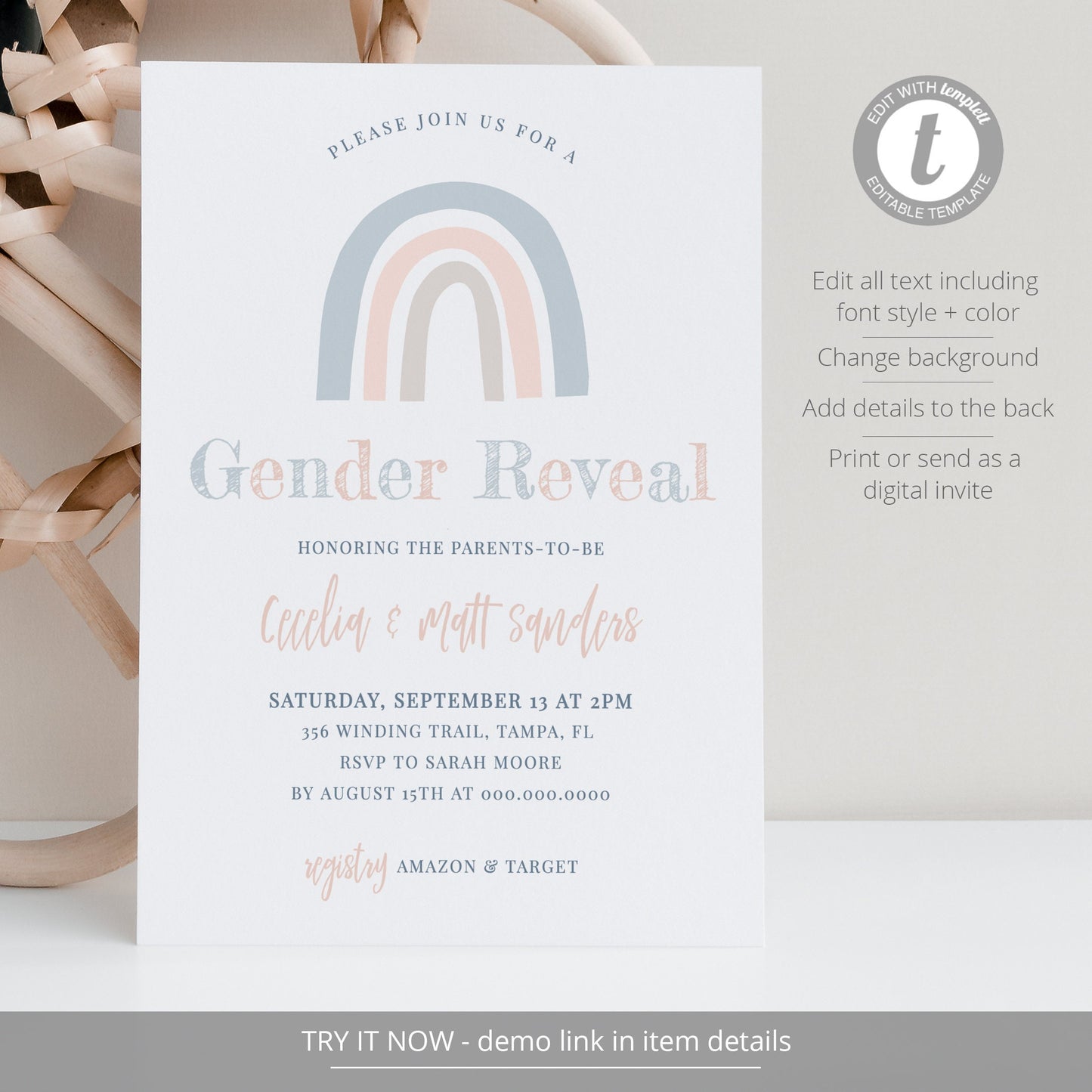 Editable Rainbow Gender Reveal Invitation Boho Blue Rainbow Gender Reveal Invite  Template