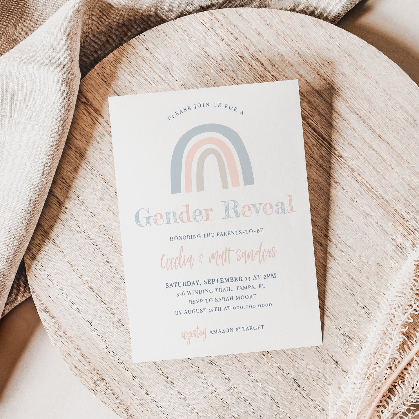 Editable Rainbow Gender Reveal Invitation Boho Blue Rainbow Gender Reveal Invite  Template