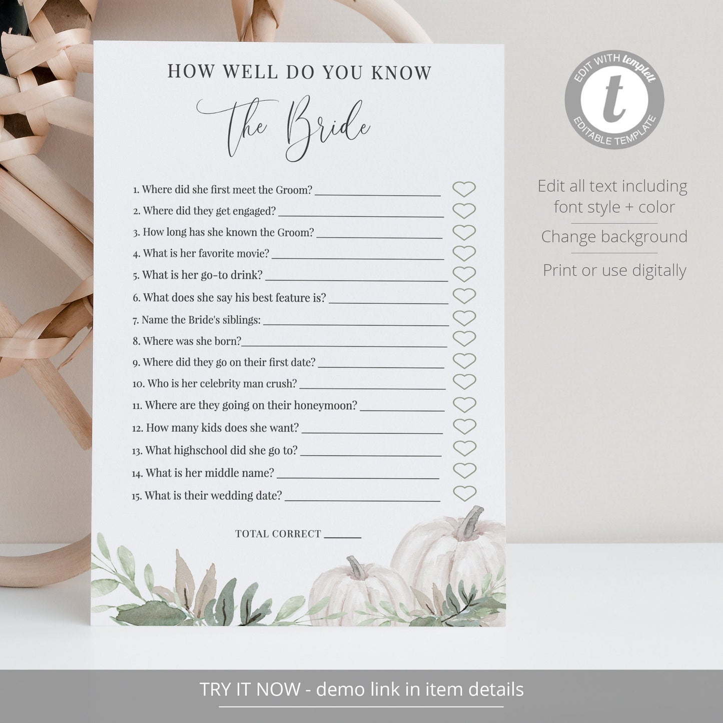 Editable How Well Do You Know the Bride Fall Bridal Shower Games Virtual White Sage Pumpkin Template