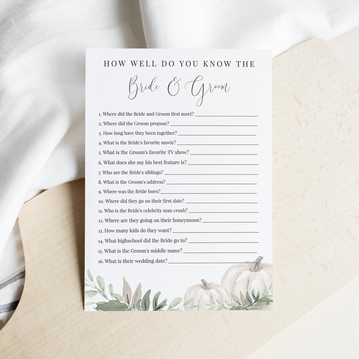 Editable How Well Do You Know the Bride and Groom Bridal Shower Games White Sage Pumpkin Template