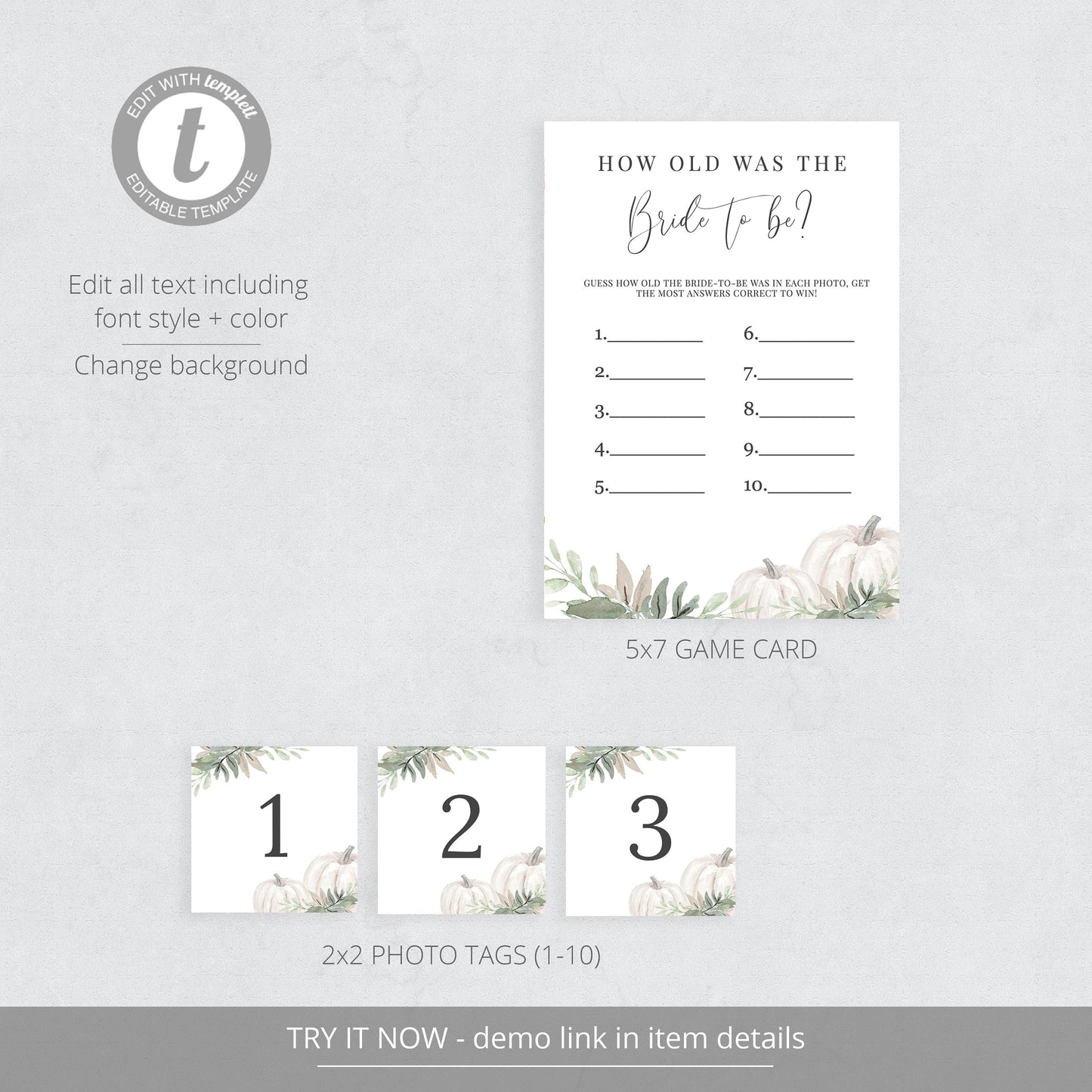 Editable How Old Was the Bride Game Bridal Shower Games White Sage Pumpkin Template