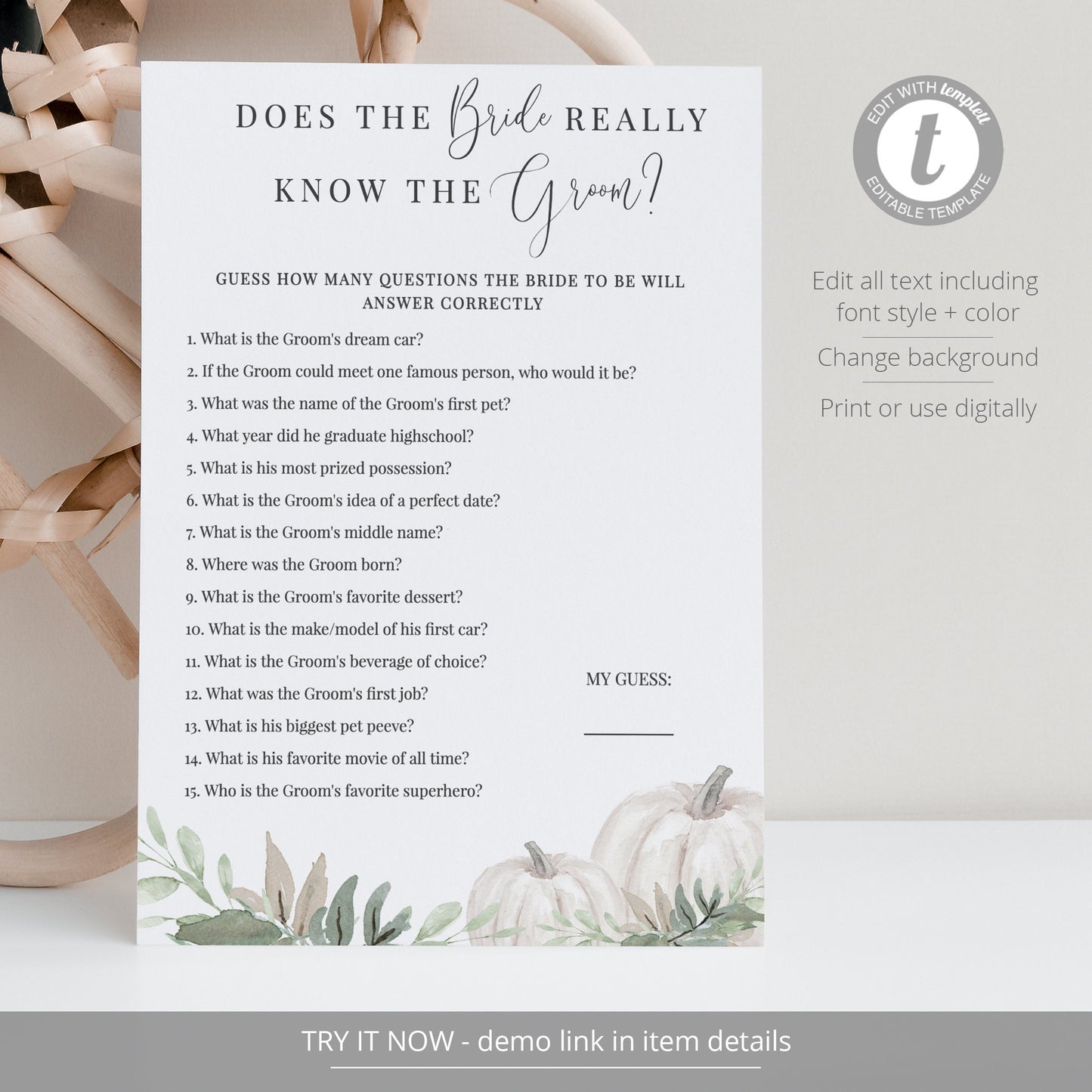 Editable Does the Bride Really Know the Groom Fall Bridal Shower Games White Sage Pumpkin Template
