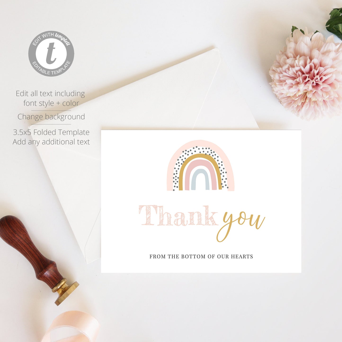 Editable Rainbow Baby Shower Thank You Cards Boho Blush Pink Cards First Birthday Thank You Cards Template