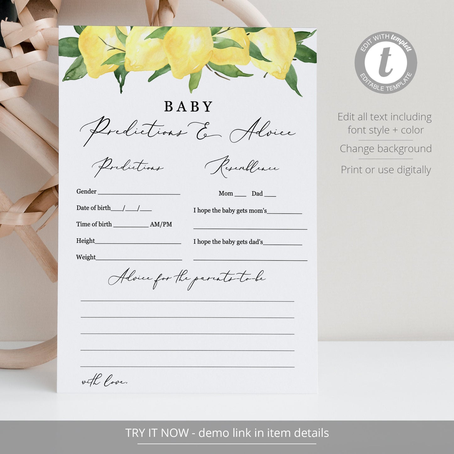 Editable Baby Predictions and Advice Card Lemon Baby Shower Games Citrus Yellow Template