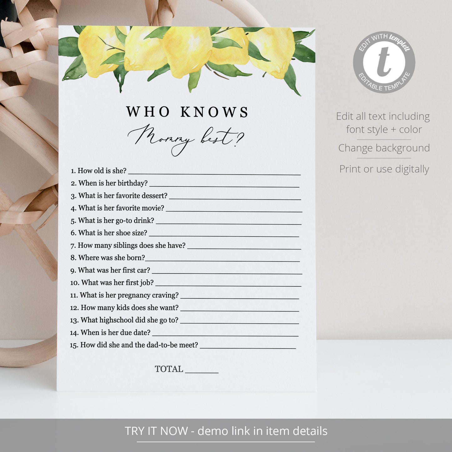 Editable Who Knows Mommy Best Baby Shower Game Lemon Baby Shower Games Citrus Template