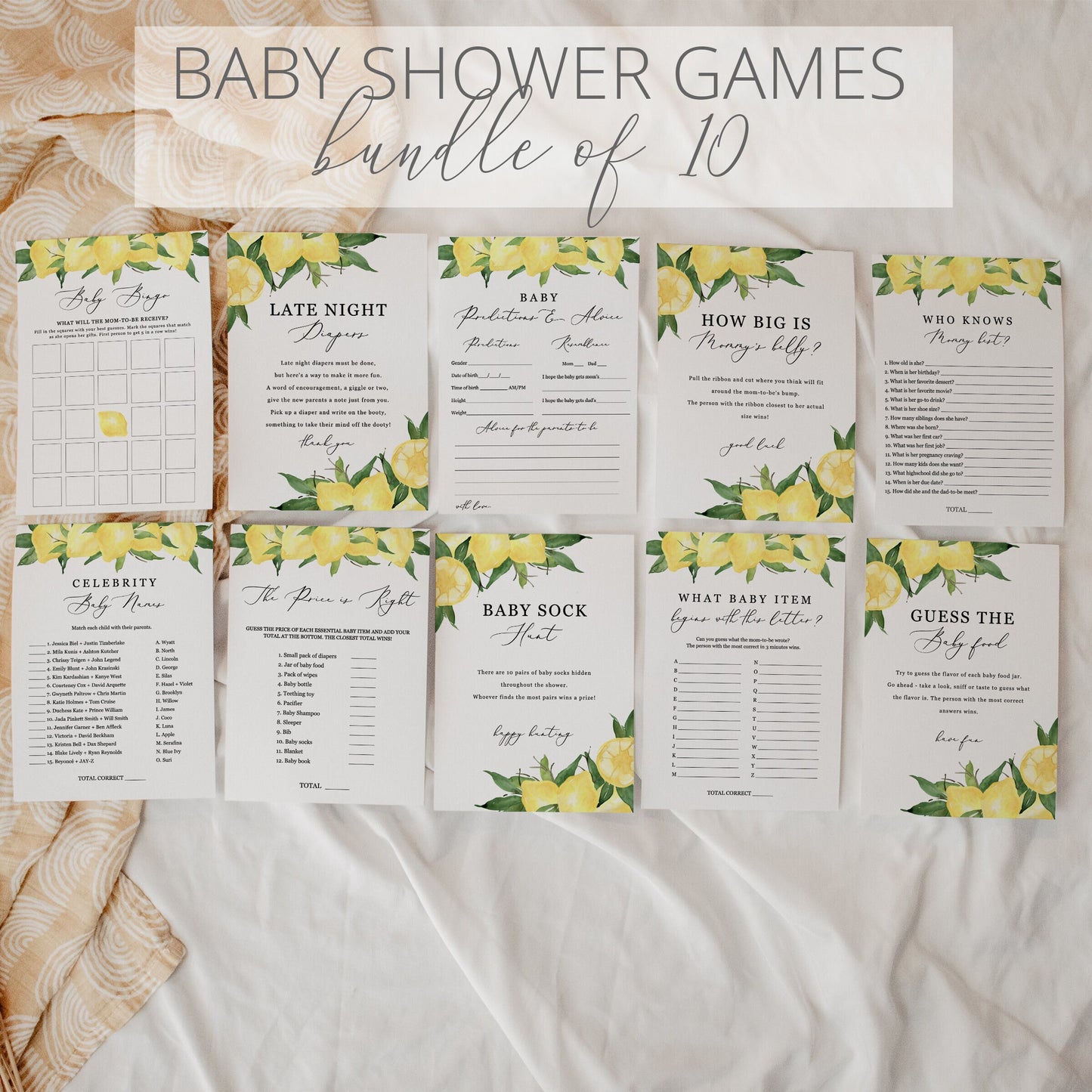 Editable Lemon Baby Shower Games Bundle of 10 Citrus Fruit Baby Shower Games Bundle Template
