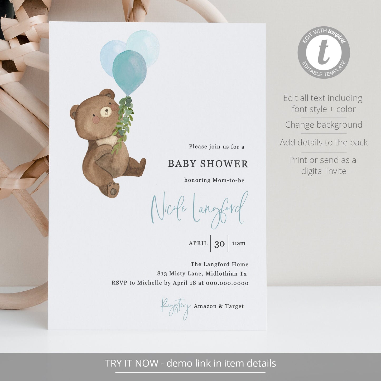 Editable Teddy Bear Baby Shower Invitation Bear Balloons Baby Shower Boy Baby Shower Invite Template