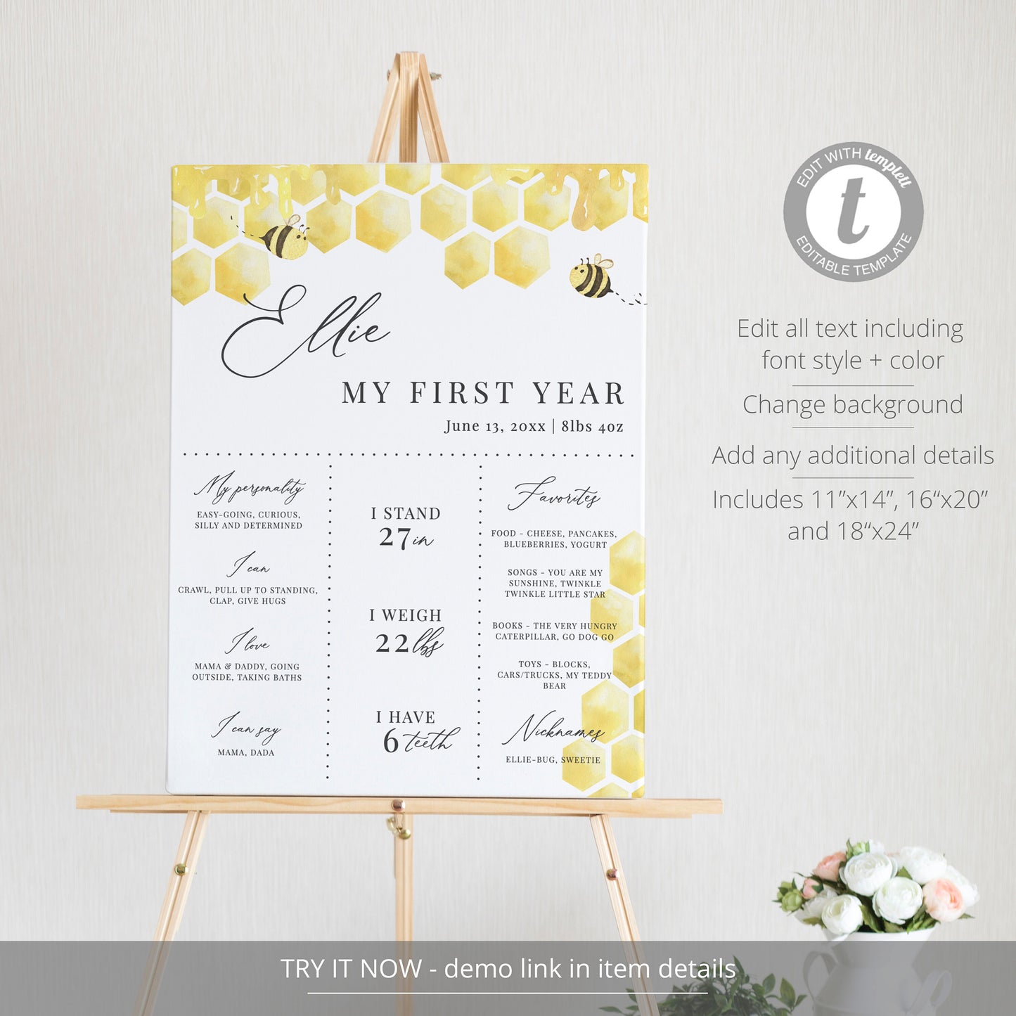 Editable First Birthday Milestone Poster First Bee-Day Birthday Stats Sign Bumblebee First Year Milestone Sign Template