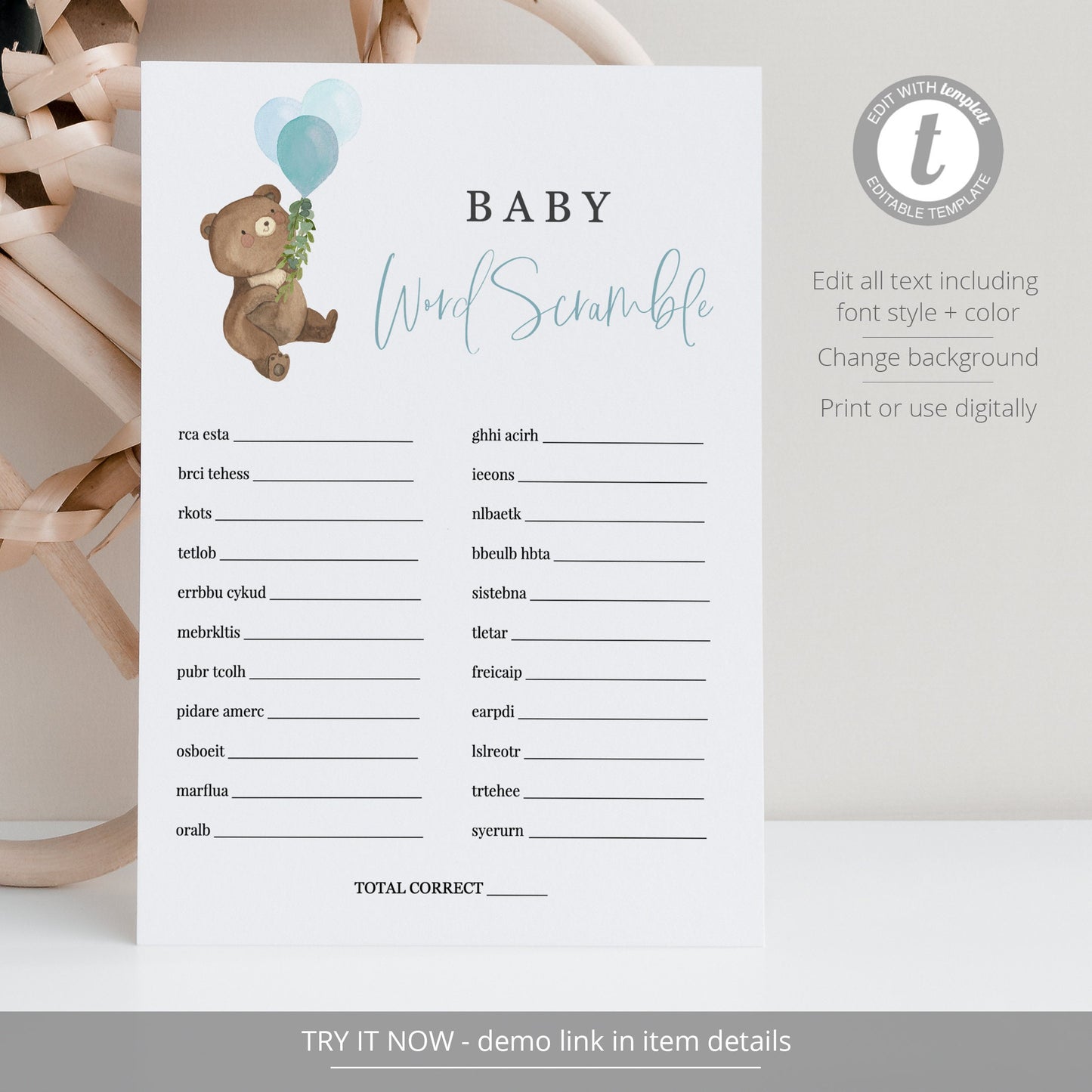 Editable Baby Word Scramble Game Teddy Bear Baby Shower Games Bear Balloons Baby Games Template