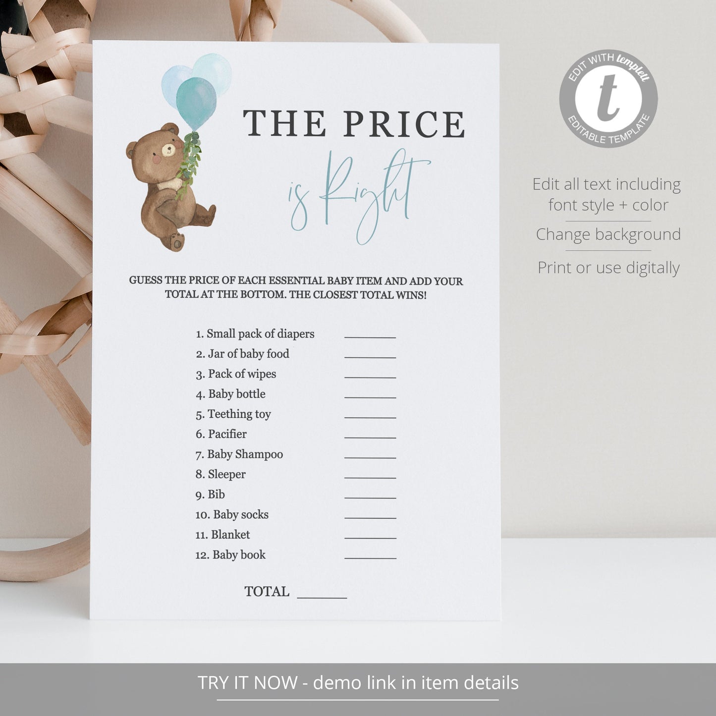 Editable The Price is Right Shower Game Teddy Bear Baby Shower Games Bear Balloons Theme Template