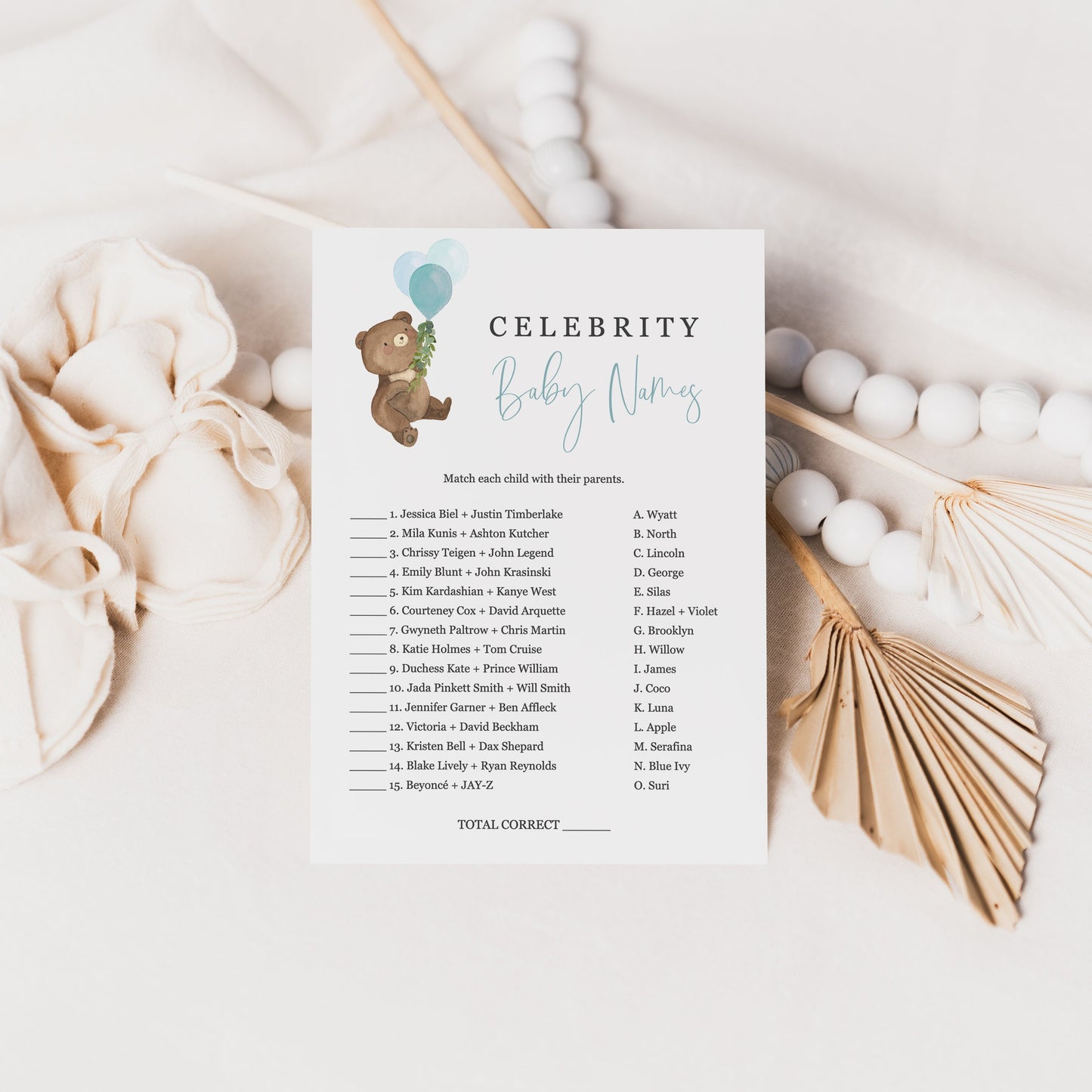 Editable Celebrity Baby Names Matching Game Teddy Bear Baby Shower Games Bear Balloons Template
