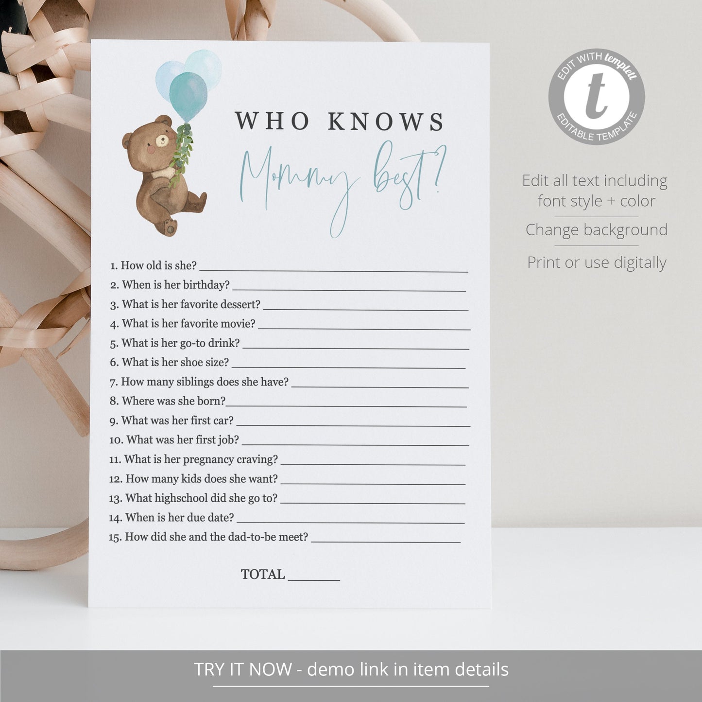 Editable Who Knows Mommy Best Game Teddy Bear Baby Shower Games Bear Balloons Theme Template