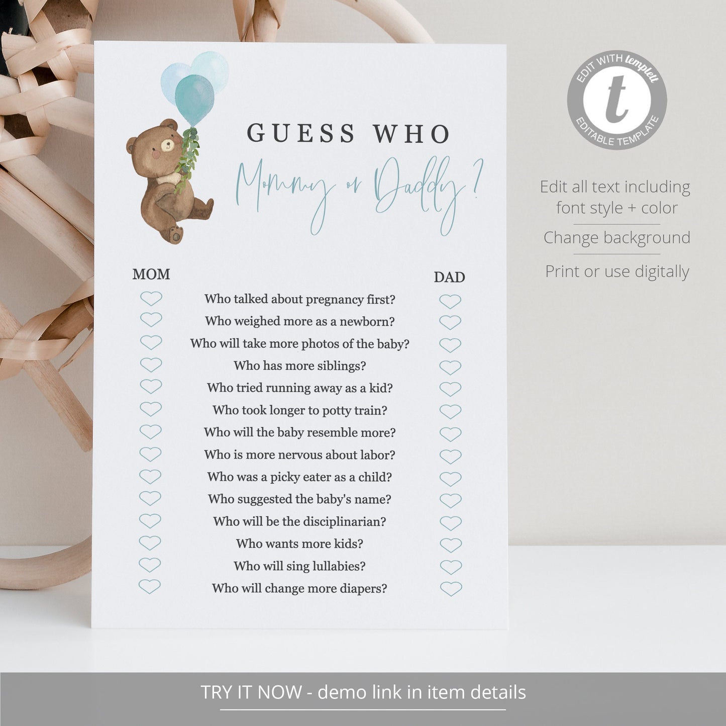 Editable Guess Who Mommy or Daddy Teddy Bear Baby Shower Games Bear Balloons Theme Template