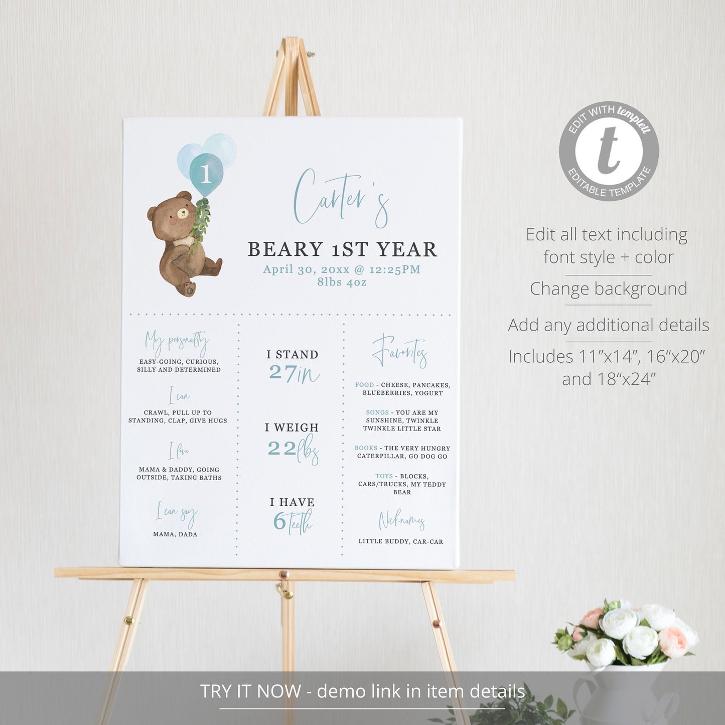 Editable Beary First Birthday Milestone Poster Teddy Bear Birthday Stats Sign First Year Milestone Sign Template