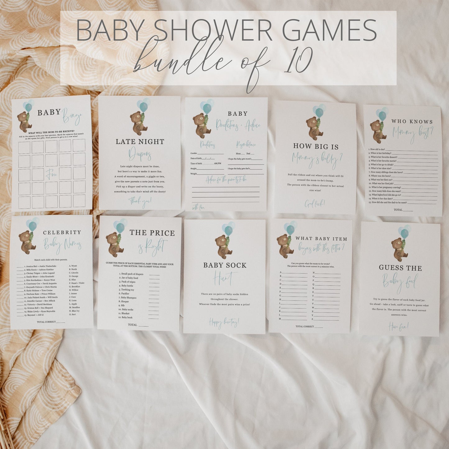 Editable Bear Balloons Baby Shower Games Bundle of 10 Teddy Bear Boy Baby Shower Games Bundle Template