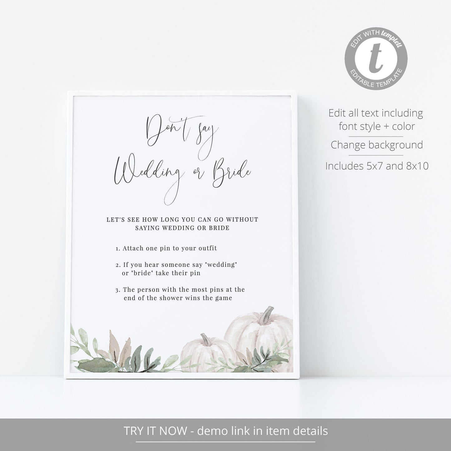 Editable Don't Say Wedding or Bride Game Sign Bridal Shower Games White Sage Pumpkin Template
