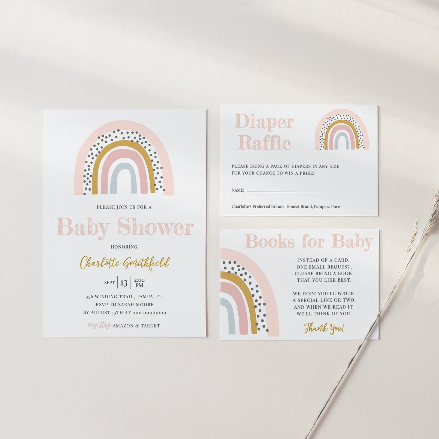 Editable Boho Rainbow Baby Shower Bundle Pink Rainbow Baby Shower Kit Girl Baby Shower Invitation Bundle Template