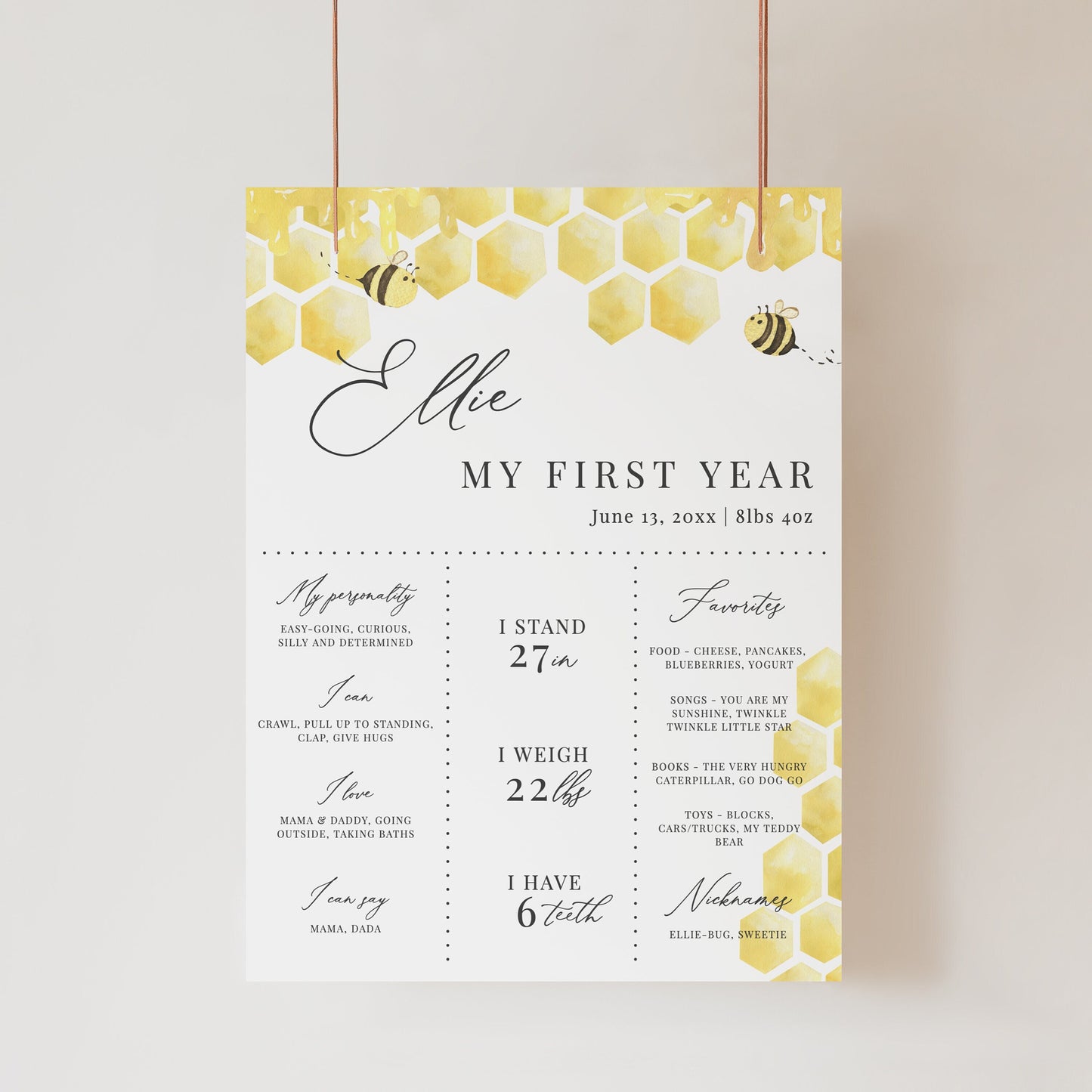 Editable First Birthday Milestone Poster First Bee-Day Birthday Stats Sign Bumblebee First Year Milestone Sign Template