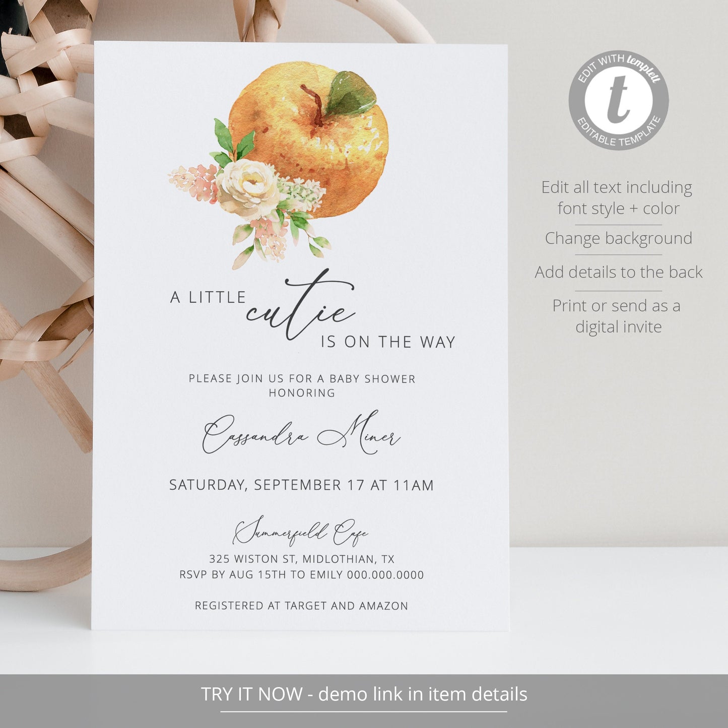 Editable Orange Baby Shower Invitation Set A Little Cutie Baby Shower Invite Floral Citrus Baby Shower Template